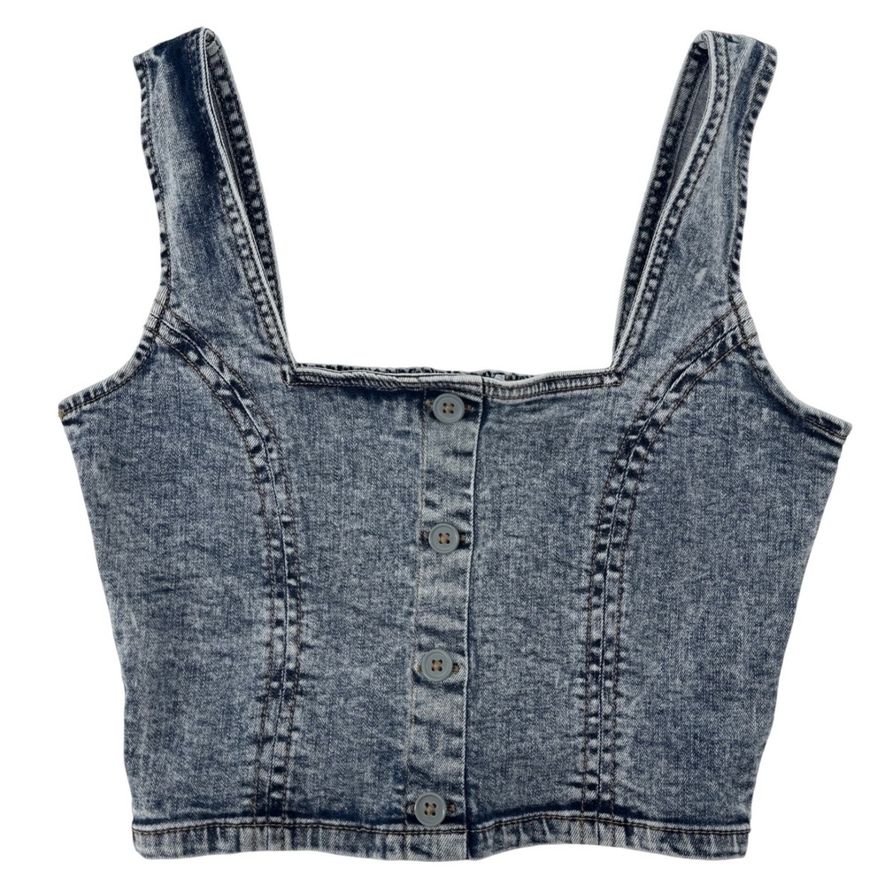Y2K Acid Wash Denim Crop Top Medium Edgy Summer Boho Coastal Festival Grunge